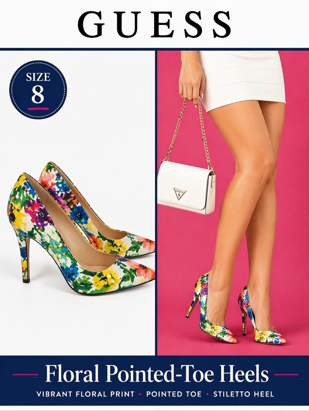 GUESS Floral Pointed Toe Heels Multicolor Pumps Women’s Size 8